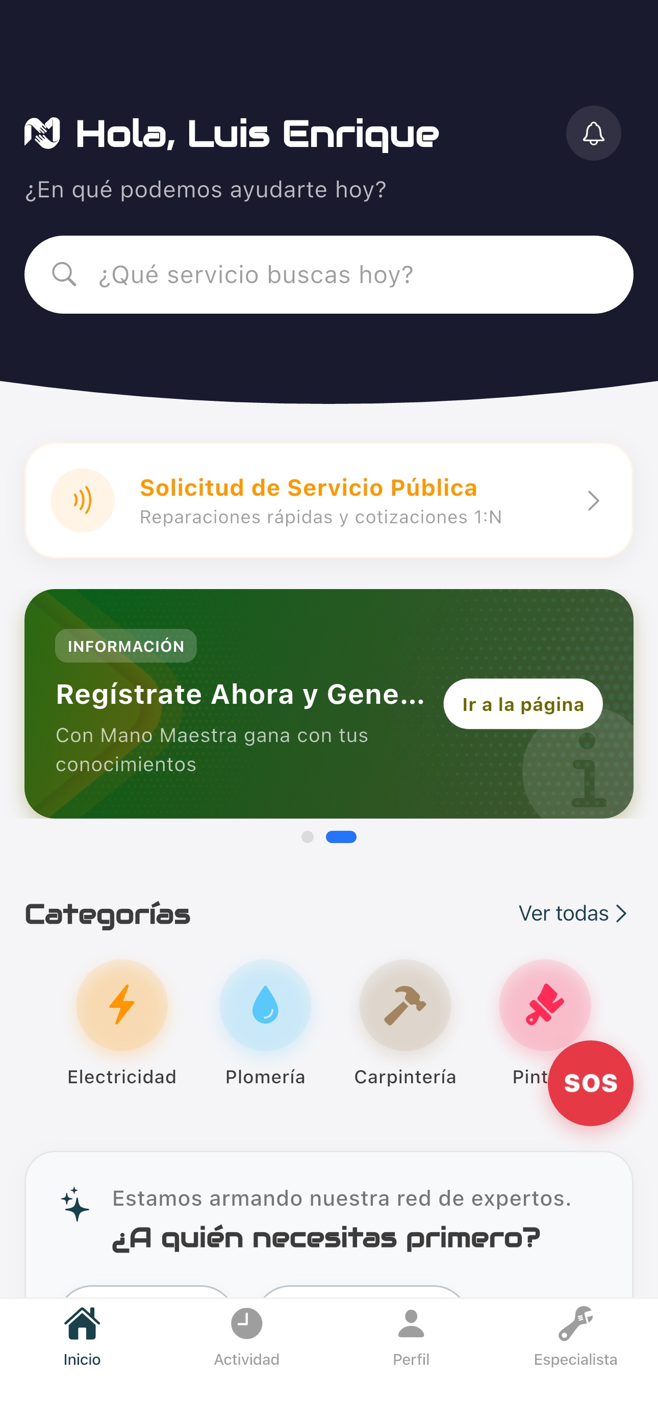 Pantalla de inicio con búsqueda y categorías
